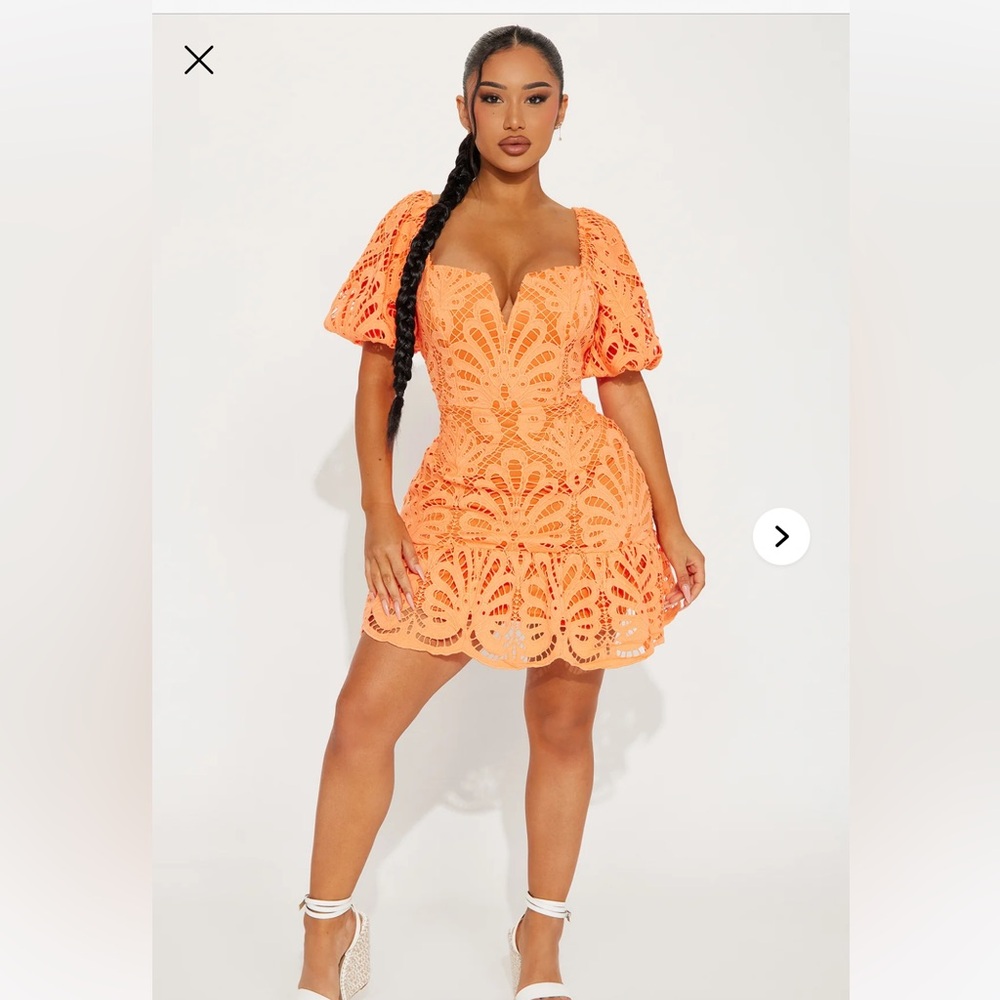 Orange Puff Sleeve V-Neck Mini Sundress